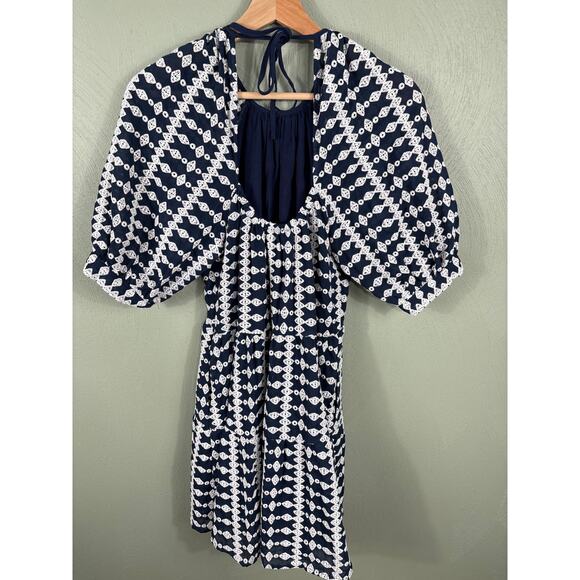 Maje Women's Size 34 Navy Woven Embroidered Frills Round Neck Trapeze Mini Dress - Picture 2 of 13